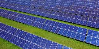 太阳能电池板领域。蓝色太阳能电池板提供清洁能源。绿色田野上一排排的阳光电池。可再生替代能源概念。未来的技术。