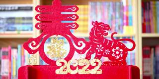 潘观中国新年老虎2022吉祥物剪纸在客厅的书架前，中文翻译是财富和春天没有标志没有商标