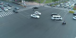 无人机拍摄的城市十字路口，汽车和公交车行驶在大道上。在日落时