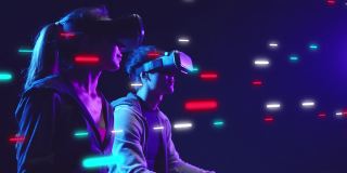 超时空VR虚拟现实游戏，男女超时空虚拟数字世界技术游戏，用VR护目镜控制未来数字技术