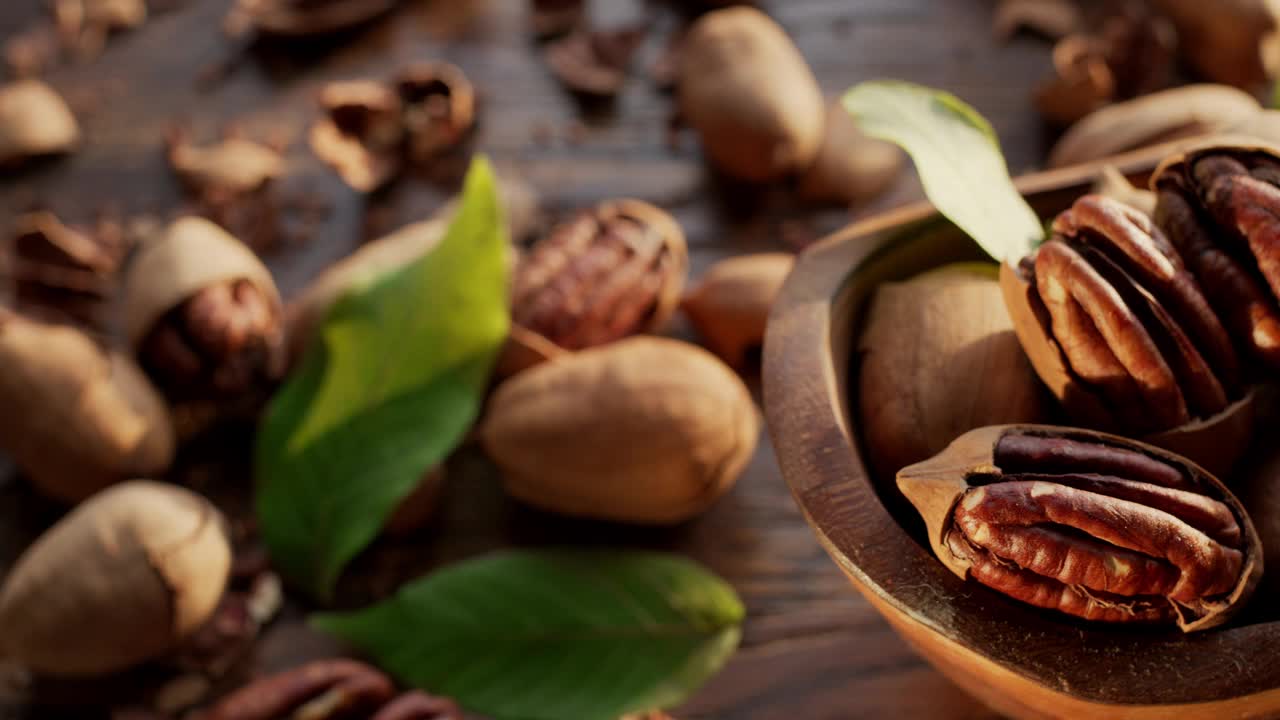 核桃在一个木碗与核桃叶和坚果壳-特写视频，相机慢动作。这只手拿了一个山核桃。