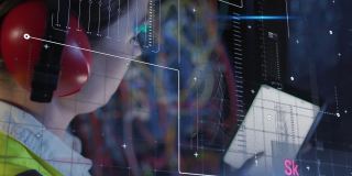 数据处理的动画白人女性it工程师与平板电脑由计算机服务器
