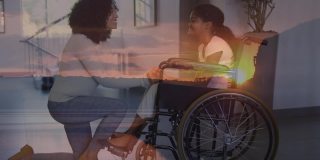 动画景观在混血儿的母亲和残疾的女儿在轮椅上