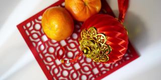 顶视图配件中国新年节日装饰红灯笼和橘子