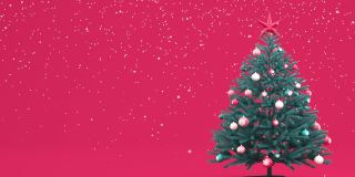动画飘落的雪。有玩具的圣诞树和珊瑚背景上的一颗星星。放置你的文本。明信片动画,祝贺你。3 d渲染动画