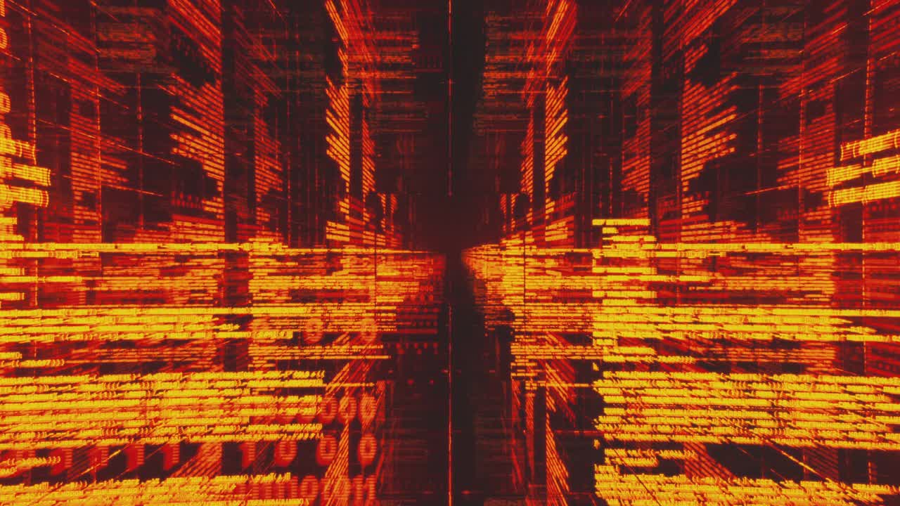 飞进计算机数据或代码的无限发光的红线里。循环。