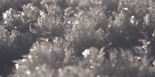 微距拍摄的雪花覆盖在积雪上，在冬天形成了冰晶