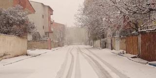土耳其埃尔祖鲁姆下大雪。这个城市的气温可能会达到零下50摄氏度。在视频的第五秒，有一只鸟(喜鹊)在飞翔。街上空无一人。下雪，冬季旅游。自然