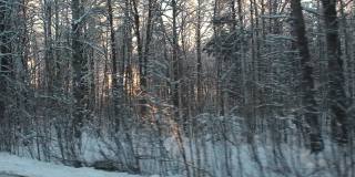 冬雪路上有松树、白桦林和田野。空旷的高速公路穿过冬季森林。汽车在路上超速行驶。侧窗视图的汽车在运动。旅游，旅行，旅行概念