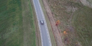汽车正行驶在穿过田野的道路上，无人机拍下了鸟瞰图。秋天的时候在柏油路上，镜头跟着车走。