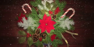 白色的雪花和糖果与绿色的圣诞树枝在木头上
