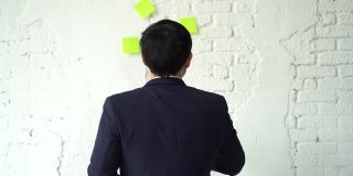 背面的亚洲商人拉彩色的粘纸在白墙上的部分，以新的想法为规划业务。企业家，有项目管理策略的便利贴