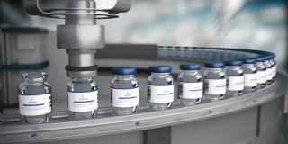大规模生产新冠肺炎疫苗。在制药实验室用covid-19小瓶在传送带上生产疫苗。药物免疫接种，循环动画
