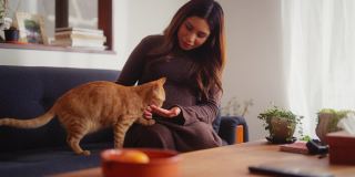 一位孕妇和她的姜黄色猫在家里的客厅里共度时光