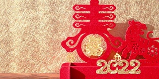 潘观中国新年老虎2022吉祥物剪纸在木桌上的早晨，寓意吉祥和春天没有标志没有商标