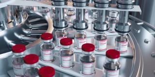 大规模生产Sars-COV-2新型冠状病毒疫苗。该机为在制药输送带上移动的玻璃瓶盖上红帽。循环3d动画，不断重复动作