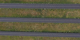 空中拍摄一排排安装在草地上发电的太阳能电池板。从太阳能中获取清洁、环保的能源。现代可再生绿色能源概念。俯视图