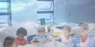 快乐的多元化教师和学童的网络连接动画