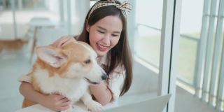 有吸引力的亚洲年轻女子狗主人看着笔记本电脑视频与微笑的柯基狗小狗在狗咖啡馆愉快和幸福快乐，动物情人的概念