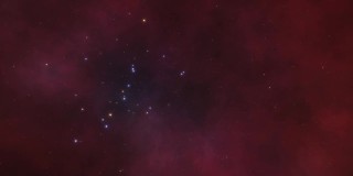 宇宙飞船在太空中的红色星云附近飞行。银河系中有数十亿颗恒星。美丽的星团。空间的3d电影动画