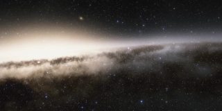 宇宙飞船以光速穿越太空中的星系。银河系或仙女座星系中有数十亿颗恒星。高度详细的4k电影空间动画