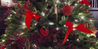 白雪覆盖的云杉树枝和球果上的圣诞装饰闪闪发光，上面缀着红色的花楸和苹果浆果，还有绿树、红丝带和发光的花环