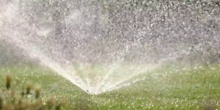 塑料喷灌机在夏季花园用水灌溉草坪。旱季灌溉绿色植被，以保持其新鲜