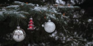 圣诞球和人字骨在冷杉树枝上摇摆，外面下雪了