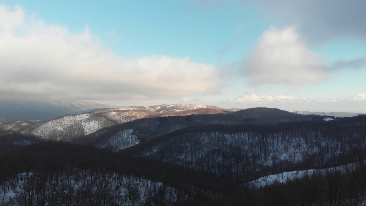 一场暴风雪后的冬季北方天然森林的4K航拍视频