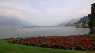 科莫湖岸边的贝拉吉奥岛充满浪漫气息。前景是红色的花朵，背景是云层中的意大利阿尔卑斯山。轻松的气氛。视频素材模板下载