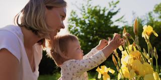 一位年轻的母亲在花园里抚摸着黄色的鸢尾花，微笑着拥抱着她的小女儿。缓慢的运动。背景是夏日公园。儿童节快乐