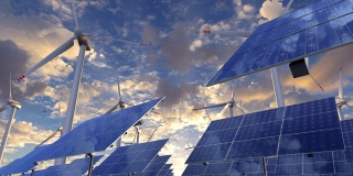 可再生替代能源农场旋转太阳能电池板的动画