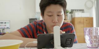 亚洲男孩一边吃苹果一边在家看电影或YouTube视频，生活方式的概念。