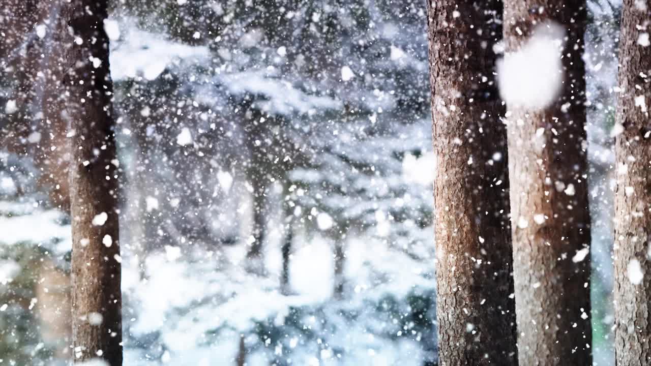 雪花飘落，松林和冬天的风景