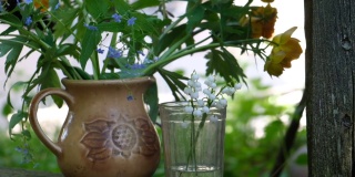 乡村的静物，夏日的花朵在古老的陶罐和玻璃上。乡村生活的静物