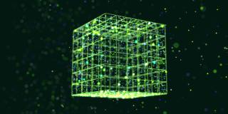 摘要辉光绿色粒子形成三维物体。多维数据集。Vj环作为虚拟数字空间的bg。作为大数据、网络或虚拟现实空间的概念，粒子形成全息形状。科幻运动设计bg。