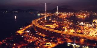 香港港口工业区、昂船洲大桥的无人机画面