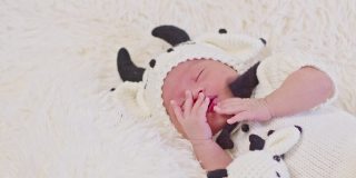快乐的新生儿穿着可爱的奶牛服装躺在白色的背景上睡觉舒适和安全。可爱的亚洲婴儿在婴儿床上睡觉和打盹