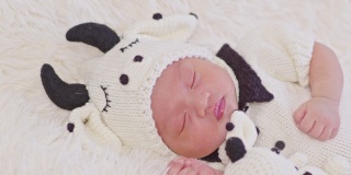 快乐的新生儿穿着可爱的奶牛服装躺在白色的背景上睡觉舒适和安全。可爱的亚洲婴儿在婴儿床上睡觉和打盹