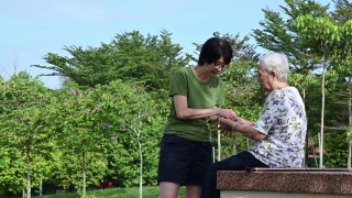 在公园给母亲按摩手的中年亚洲妇女视频素材模板下载