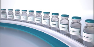 实验室大规模生产SARS-COV-2新型冠状病毒疫苗，科研实验室在药物输送带上移动的安瓿瓶上盖。Loopable镜头