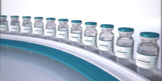 实验室大规模生产SARS-COV-2新型冠状病毒疫苗，科研实验室在药物输送带上移动的安瓿瓶上盖。Loopable镜头