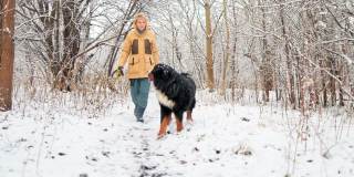在雪原森林里，一名身穿黄色冬季夹克的女子正带着她的伯尔尼山狗走向摄像机。