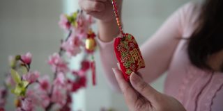 亚洲华人微笑的妇女在樱花上装饰中国新年的装饰品