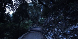 夜晚黑暗神秘的楼梯路在山公园古老的基督教雕像。幻想危险的暮路。多莉拍摄