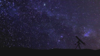 望远镜的剪影和旋转的星空下的乡村，流星雨和移动的卫星。视频素材模板下载
