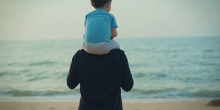 家庭旅游度假，父亲抱着儿子在海滩上放松。