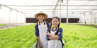 4K肖像小亚洲男孩和女孩学习水培系统农场在温室花园。