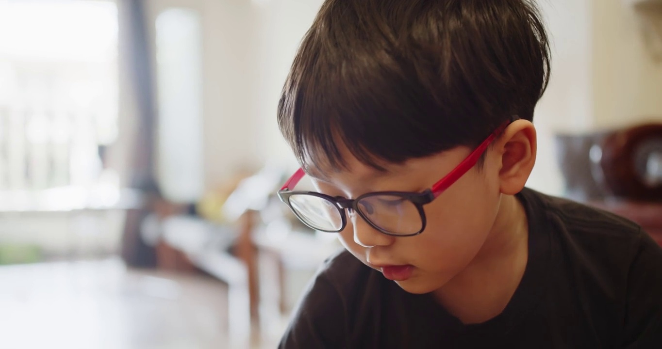 肖像可爱可爱的亚洲孩子孩子男孩戴着眼镜微笑在家里