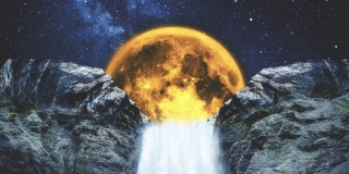 美丽的夜晚幻想山景，瀑布和满月